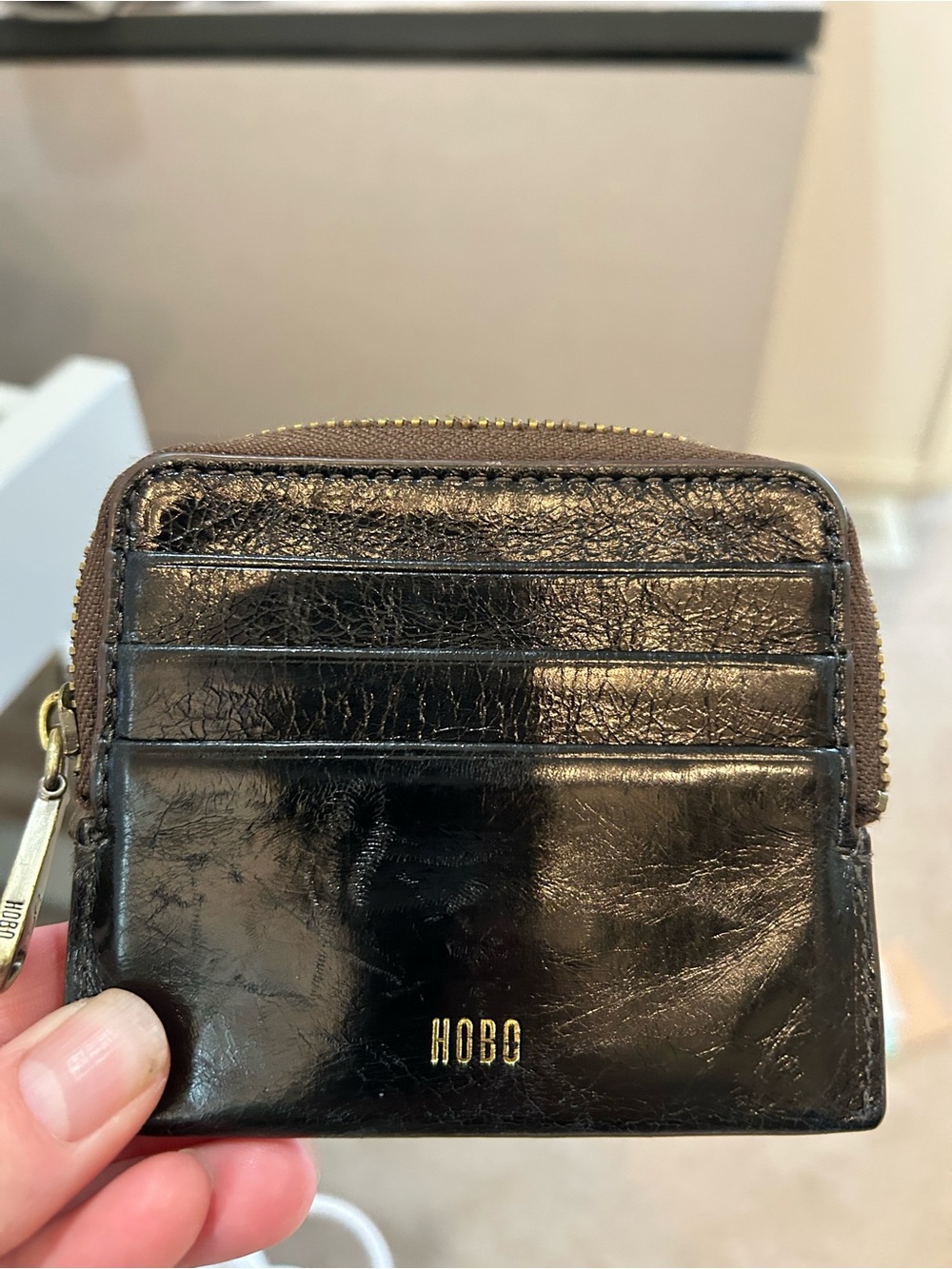 HOBO Black Leather Card Wallet with Gold Logo Accent